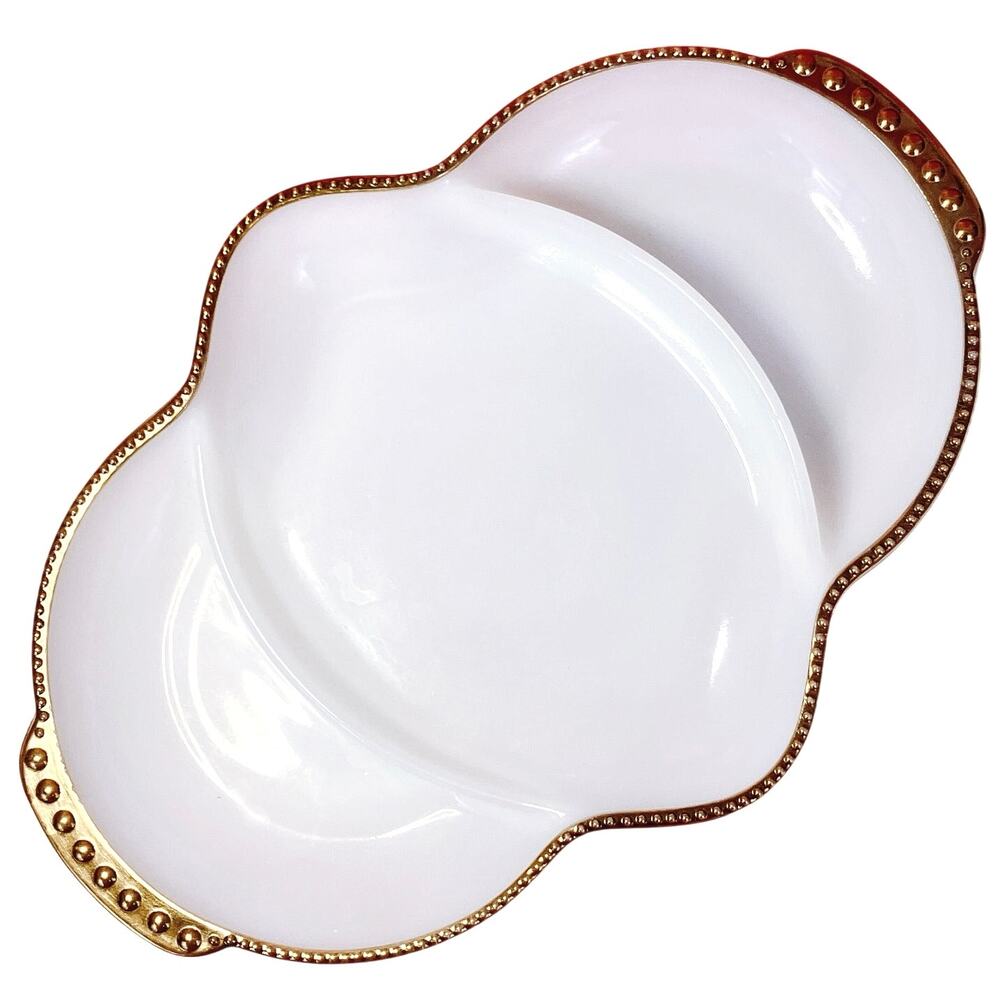 Fire King Gold Trim Divided Serving Dish Vintage Mid Century Milk Glass Ovenware